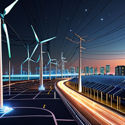 Home 14 **Improved Electricity Grid:** A futuristic smart city scene at night, showcasing efficient energy distribution with glowing power lines and smart meters. Include wind turbines and solar panels in the background.