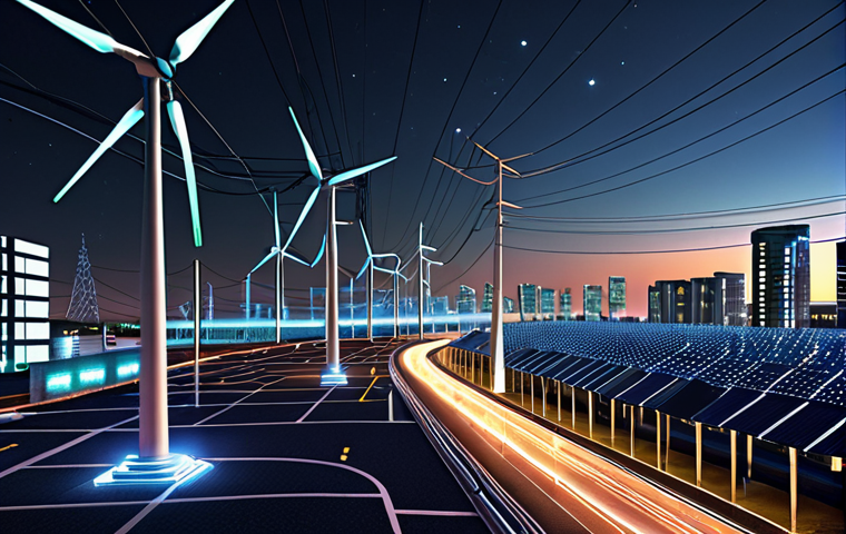 **Improved Electricity Grid:** A futuristic smart city scene at night, showcasing efficient energy distribution with glowing power lines and smart meters. Include wind turbines and solar panels in the background.