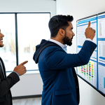 A diverse team of professional men and women, fully clothed in modest business attire, collaborating around a large digital Kanban board in a brightly lit, modern open-plan office. They are engaged in a focused discussion, pointing at tasks on the screen with expressions of clarity and shared purpose, emphasizing systematic planning and balanced workload. professional dress, appropriate attire, safe for work, perfect anatomy, correct proportions, natural pose, well-formed hands, proper finger count, natural body proportions, high-quality professional photography.