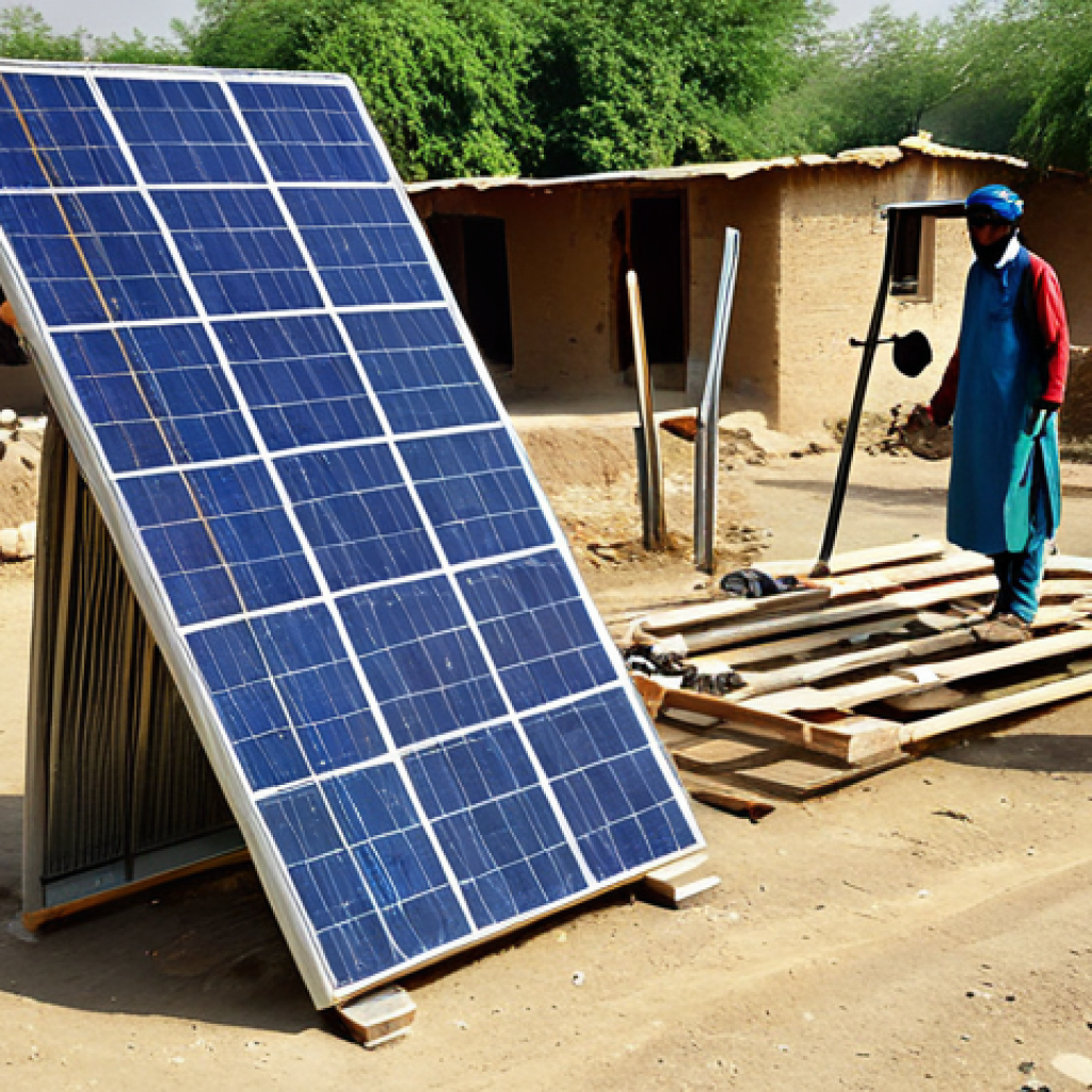 에너지 자원 할당 시나리오 분석 - **Prompt:** Solar panel installation in a rural Pakistani village, fully clothed workers, dust motes...