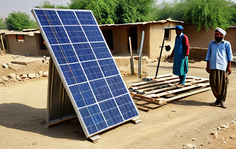 에너지 자원 할당 시나리오 분석 - **Prompt:** Solar panel installation in a rural Pakistani village, fully clothed workers, dust motes...