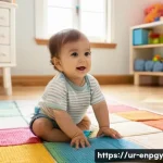 Home 21 국제 에너지 기구의 배분 가이드라인 - **A toddler (around 2 years old) wearing a colorful diaper, playing with soft blocks on a patterned ...
