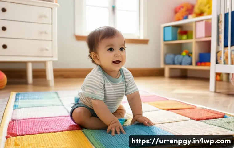 국제 에너지 기구의 배분 가이드라인 - **A toddler (around 2 years old) wearing a colorful diaper, playing with soft blocks on a patterned ...
